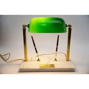 Vintage Bankers Lamp Green Glass Shade‎ Marble Base Dual Pen Holder Desk Light